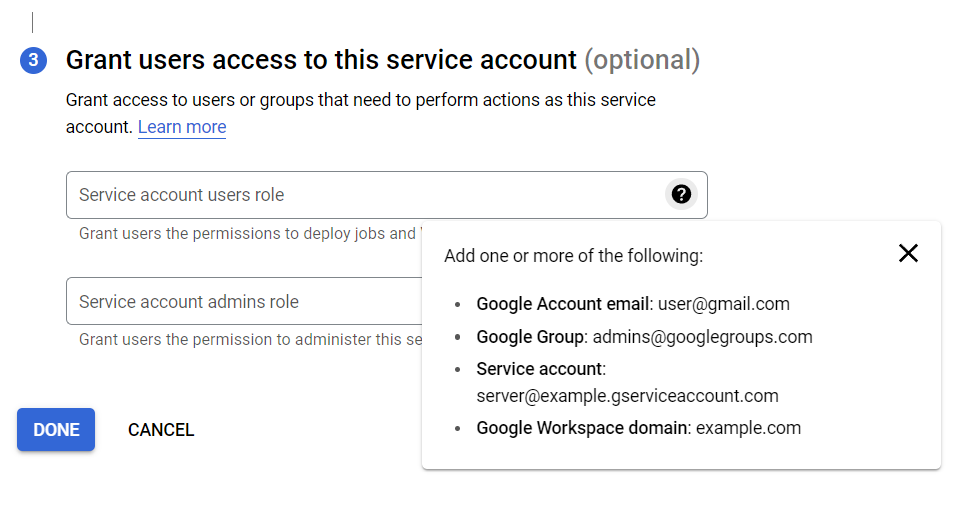 Service Account, Roles, Access, Viewers, Admins
